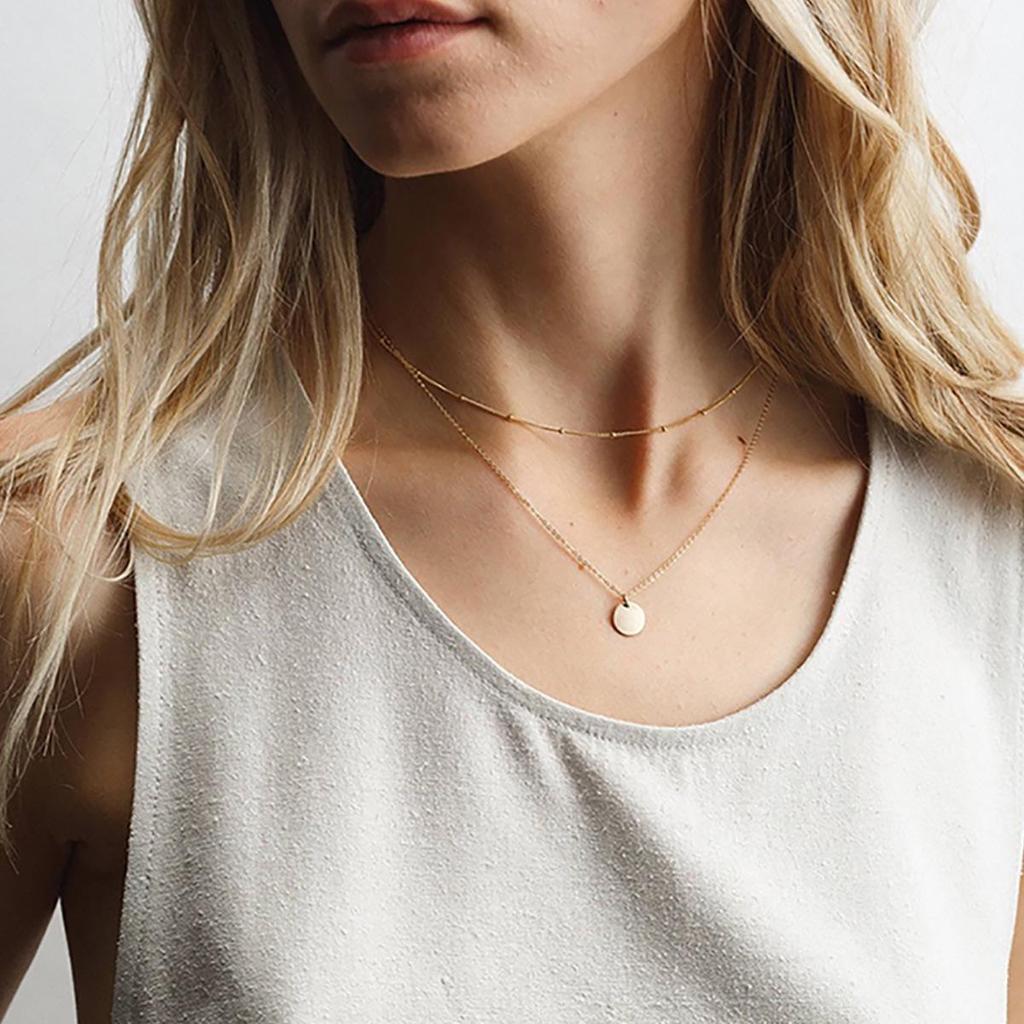 Stainless Steel Double Layer Round Disc Pendant Necklace - European & American Style