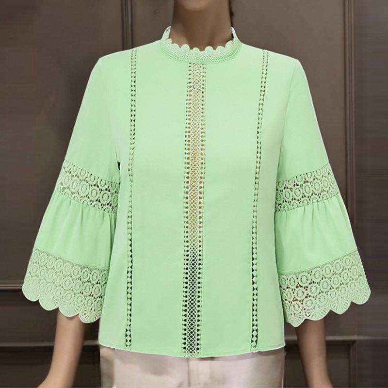 

ZANZEA Женская повседневная блузка с круглым вырезом и рукавами 3/4, кружевной вставкой и ажуром 5XL зелёный