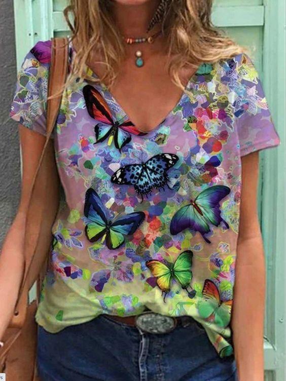 Women's T-Shirts Color Floral Flower 3D Print Summer V-Neck Short Sleeve T Shirt Y2K Tees Oversized Harajuku Top Female Clothing