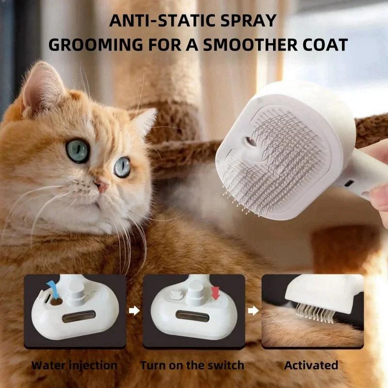 Haarspray-Kamm für Haustiere 3in1 Elektrische Dampfbürste Entfilzung Anti-Verknotung Selbstreinigendes Massage-Pflegewerkzeug für Katzen Hunde Katzenbürste
