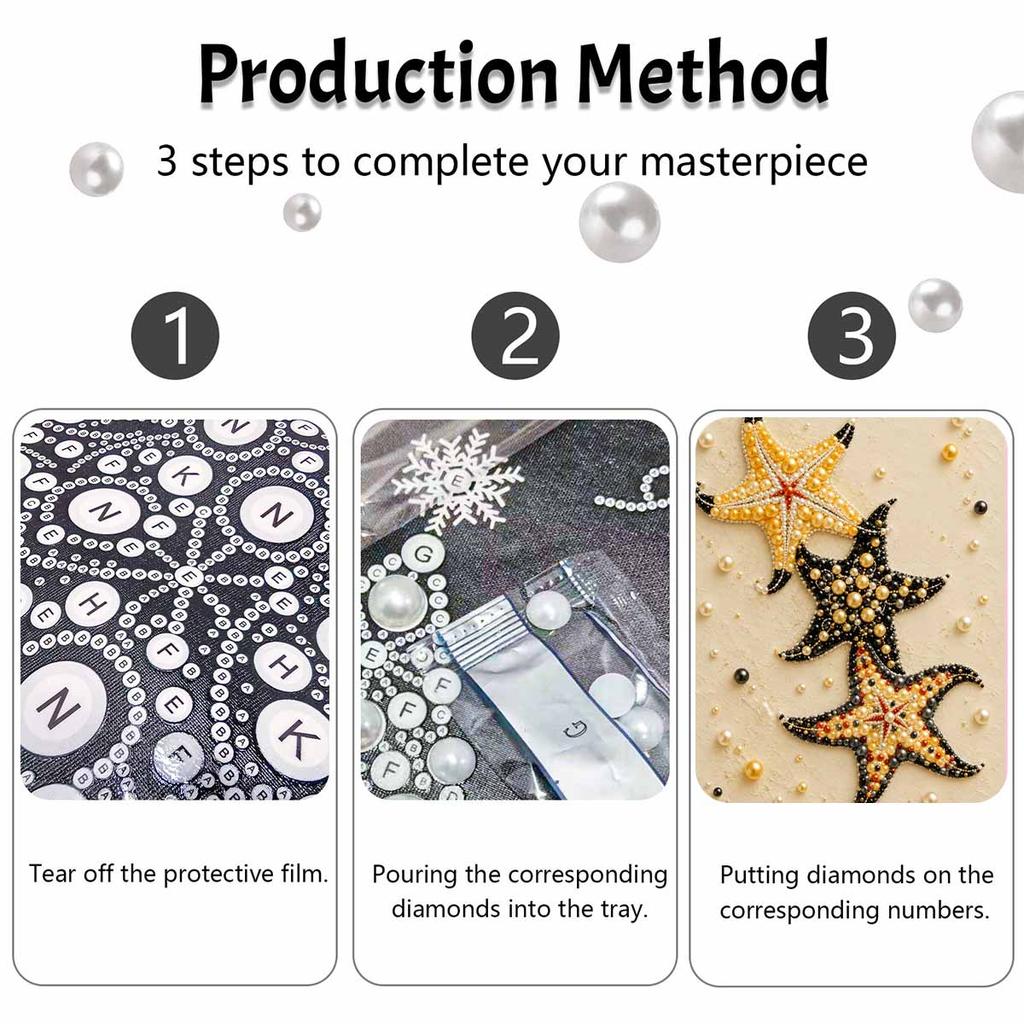 Easy DIY Framed Pearl Bead Painting Kit with Starfish Ocean Theme 3D Sparkling Canvas Art for Home Decoration Gift Idea