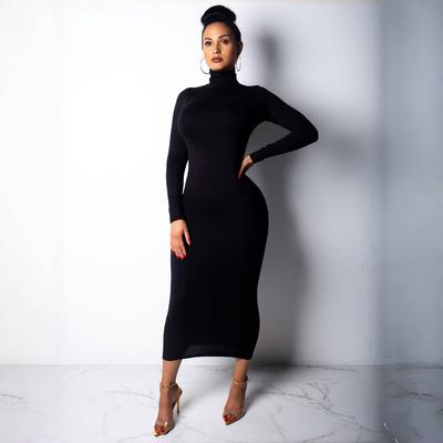 Nuevo Otoño e Invierno Longuette Manga Larga Fuerza Elástica Slim Cuello Alto Vestido Largo Slim