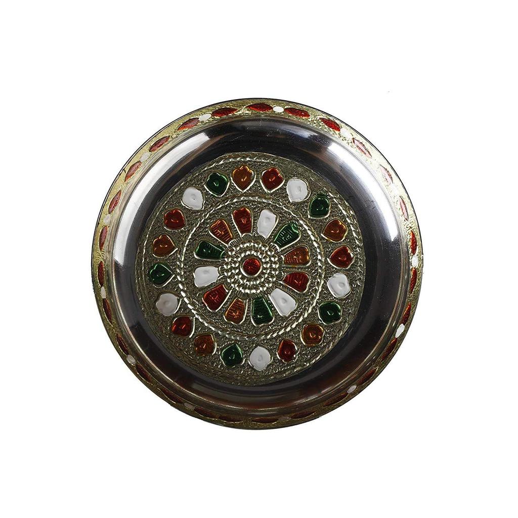 Rolimoli Steel bhog thali Set of 4 pcs for laddu gogal bhog thali with Glass Bowl and Spoon Stainless Steel
