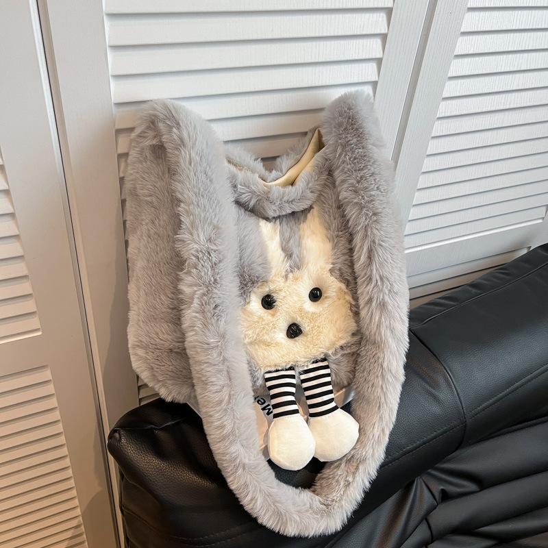 Plush bag crossbody bag large capacity women's new commuting high-end shoulder bag cartoon tote bag student commuter bag