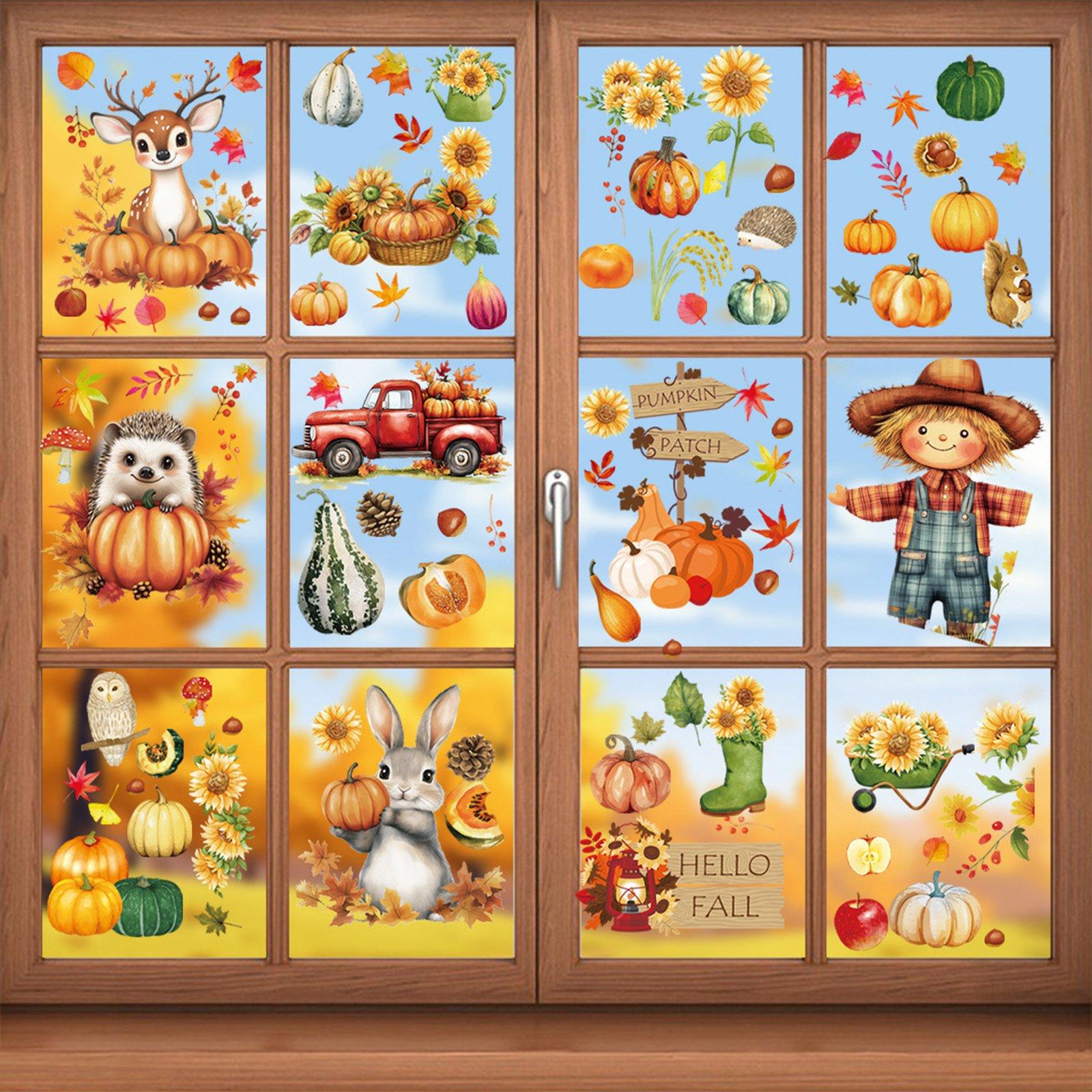

9 Наклеек на окна: Двусторонние наклейки на окна в виде тыквы, кленового листа, пугала, грузовика, ореха, подходящие для Дня благодарения, друзей, вечеринок, украшения One Size