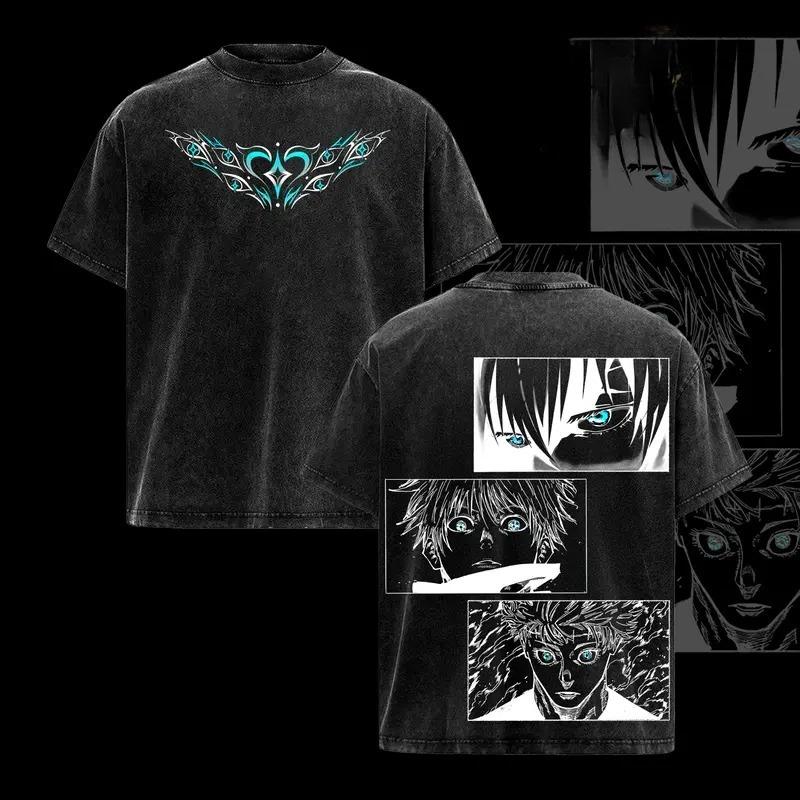 

Hot-blooded Anime Jujutsu Kaisen Gojo Satoru Graphic Print T-Shirt Men Women Vintage Washed Cotton Summer New Tee Streetwear Y2K Fashion Oversized Top XXXL слонова кістка