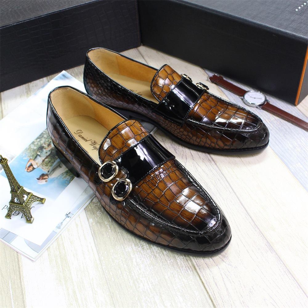Flower Skin Glossy Leather Shoes Men'S Double Buckle Loafers Business Cowhide Handmade High-End Men'S Shoes