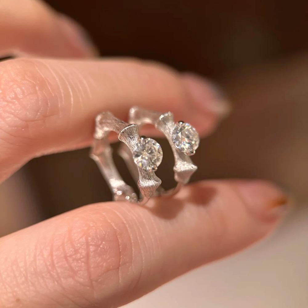 Women Gold Plated Sand Diamond Cut Bamboo Ring Stackable Simulated Moissanite Single Stone Jewelry