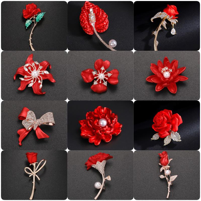 High-End Rose Red Chinese Flower Brooch: Classical Pin for Women's Qipao & Coat Accessories