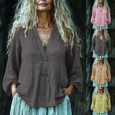 Women's Fashionable And Casual Solid Color V-neck Long-sleeved Cotton And Linen Shirt Top