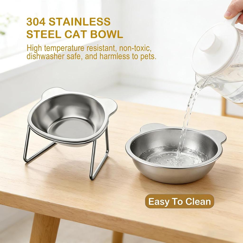 15° Tilted Elevated Cat Bowl 304 Stainless Steel Whisker‑Friendly Anti‑Vomiting Pet Feeder for Small Cats Dogs