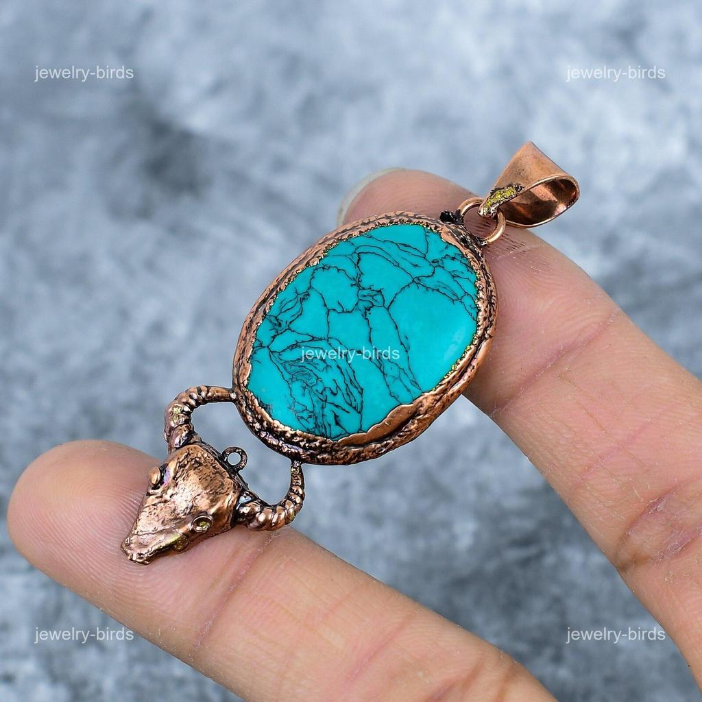 Oval Turquoise Gemstone Electroformed Birthday Gift Engagement Pendant Copper VP-42
