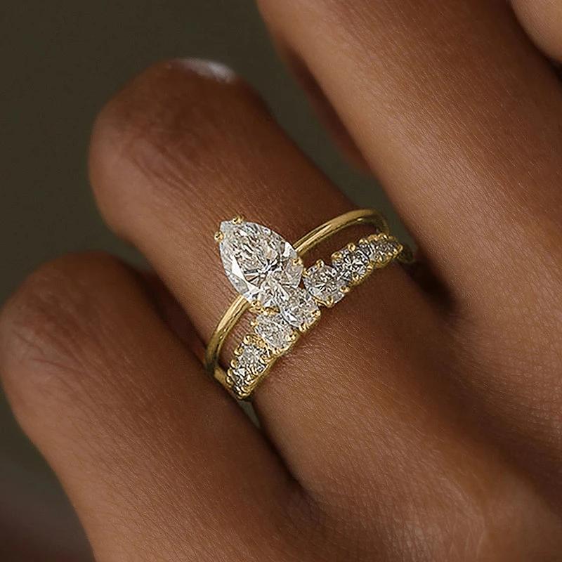 Huitan Noble 2Pc/Set Rings for Women Gorgeous Bright Pear Shaped Cubic Zirconia Accessories Charms Eternal Wedding  Set