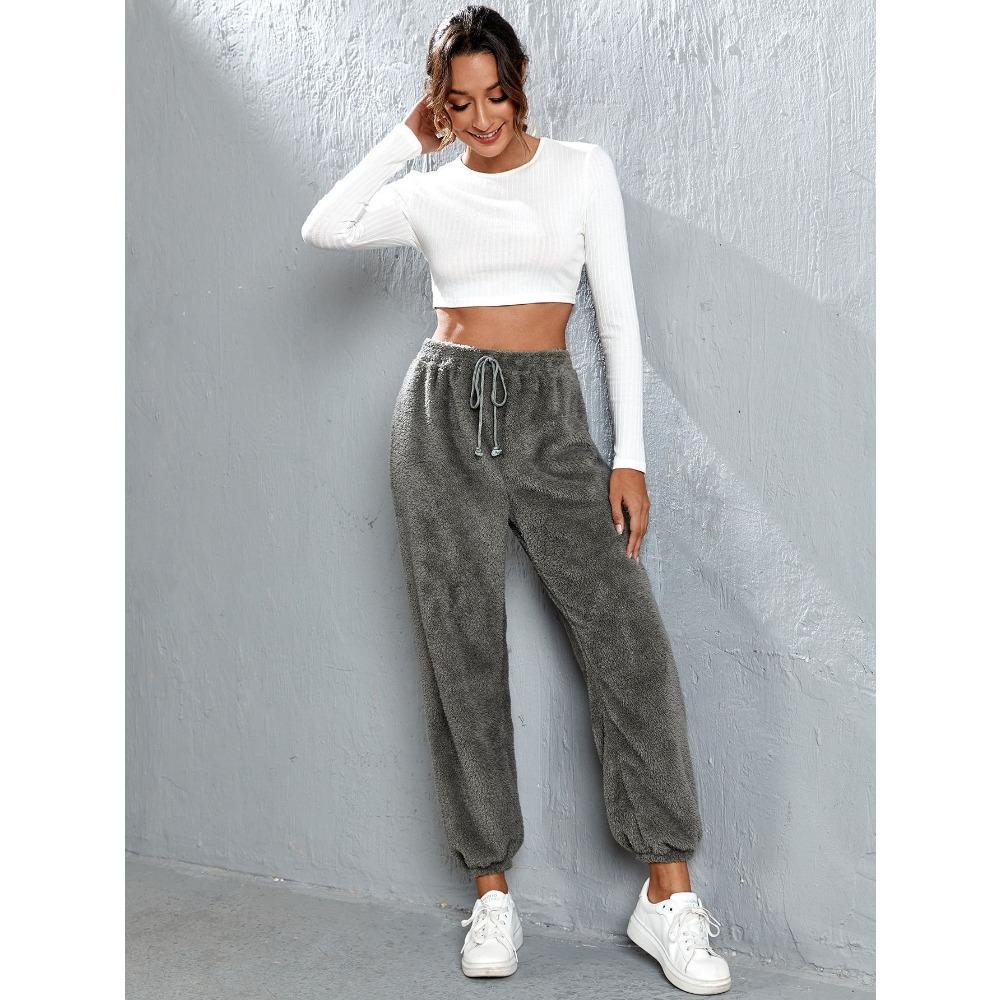 Podzimní a zimní jednobarevné módní plyšové ležérní kalhoty volného střihu, hřejivé domácí kalhoty ze sametu