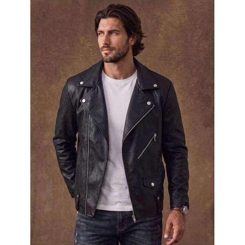 European and American style men's PU leather jacket locomotive jacket lapel oblique zipper jacket autumn casual men's clothing
