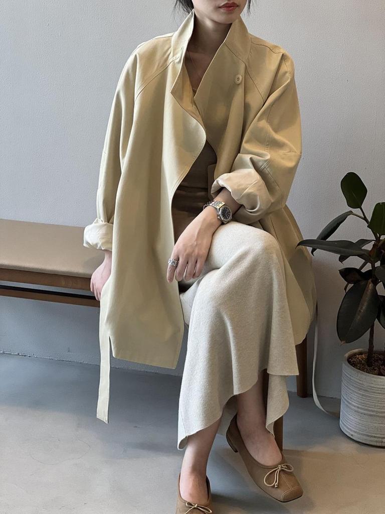 Women's British Style Retro Trench Coat with Stand-Up Collar - Tie Waist, Mid-Length, Petite Fit, Loose Outerwear for Spring & Autumn.
