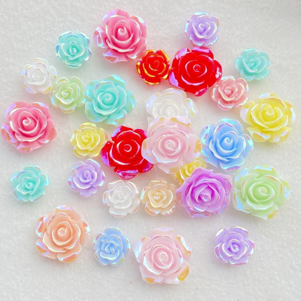 20pcs 9/14mm AB Resin Rose Flatback Flower Rhinestone Gems Scrapbook Wedding Ornaments Applique Crafts DIY