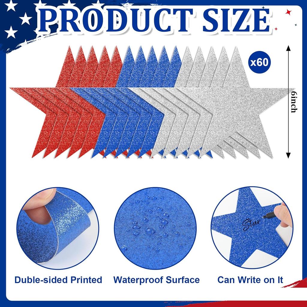 60 Pcs Patriotic Star Cutouts Double Printed Paper Star Confetti Cutouts for 4th of July Decoration Bulletin Board Classroom Wall Decoration,6 Inches