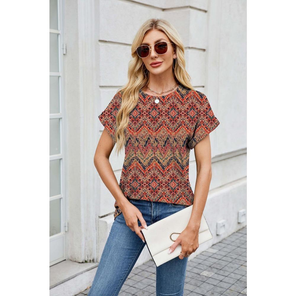 Summer Printed Round Neck Loose Short Sleeved T-shirt Casual Versatile Top for Women