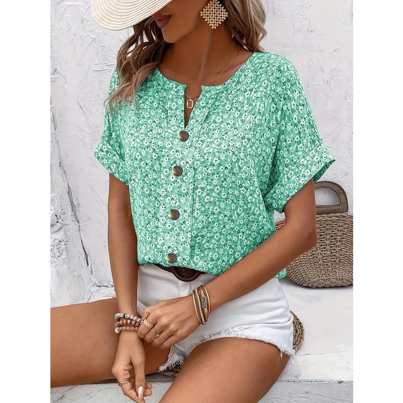 Summer Printed Women's T-shirt Elegant Floral Buttons Short Sleeve Loose Casual T-shirts Women Fashion Vintage Office Ladies Pullover Tee Tops New