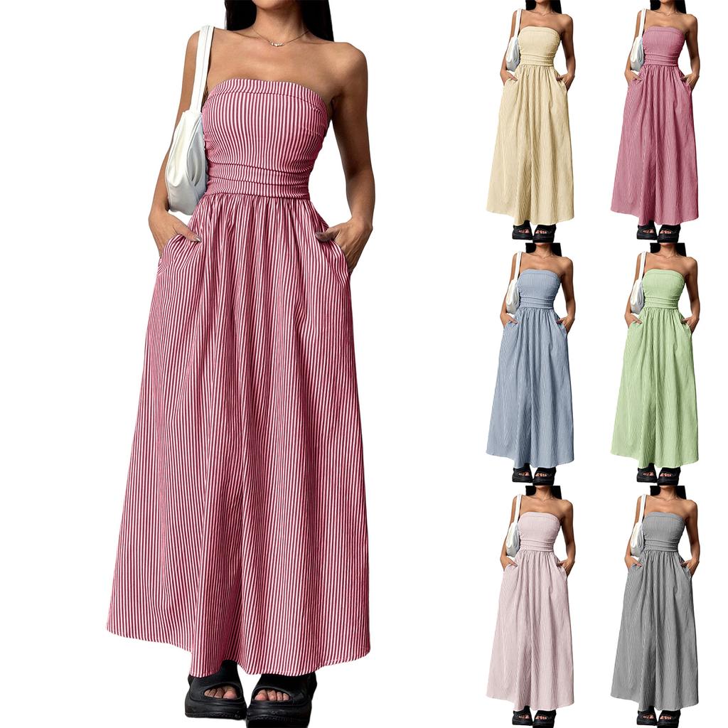 Women Strapless Maxi Dress with Pockets Casual Loose Fit Long Dress European Style Striped Print Sleeveless Sundress