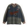 Unisex Distressed Letter Embroidery V-Neck Denim Sweatshirt Streetwear Oversized Casual Top Fall