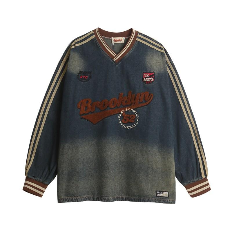 Unisex Distressed Letter Embroidery V-Neck Denim Sweatshirt Streetwear Oversized Casual Top Fall