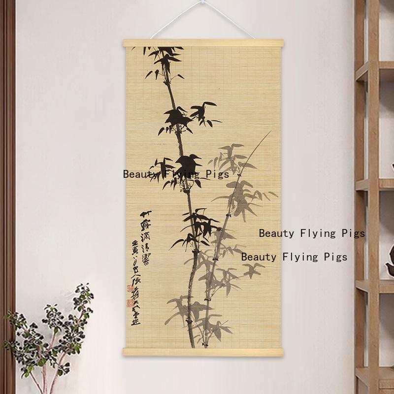 1pc Chinese Style Printed Bamboo Curtain Painting Decorative Scroll Painting Homestay Bamboo Weaving Painting Home Decoration