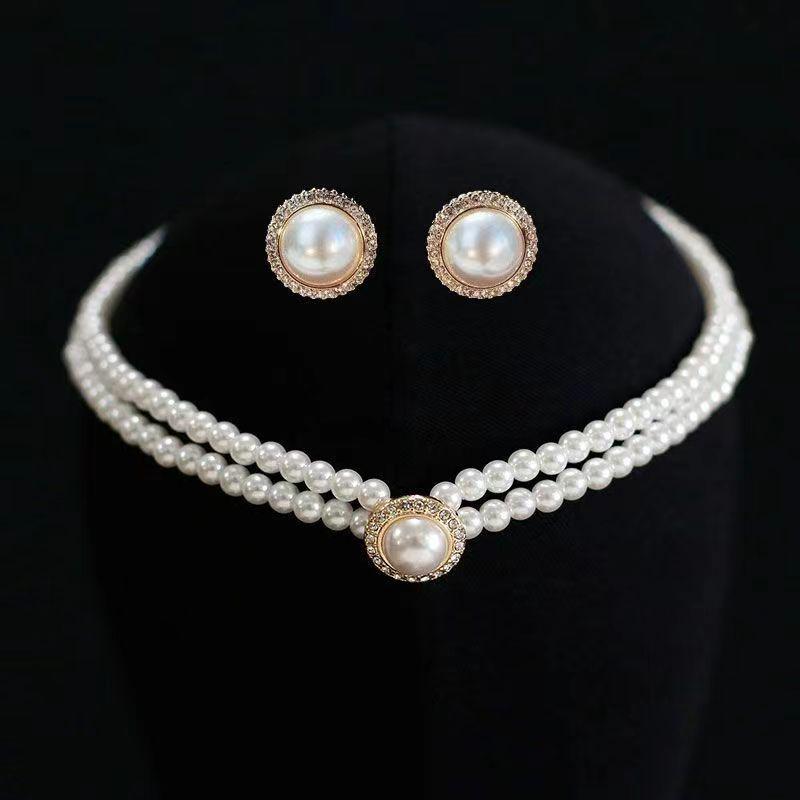 Korean Bridal Necklace & Earrings Set - Rhinestone & Pearl Wedding Accessories