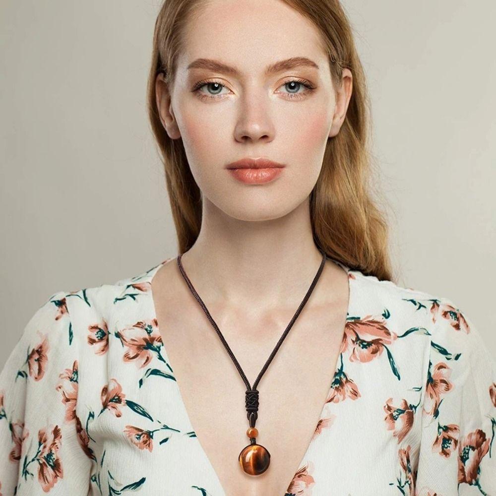 Beaded Crystal Pendant Necklace Braided Rope Tiger's Eye Necklace Weaving Necklace  Gifts