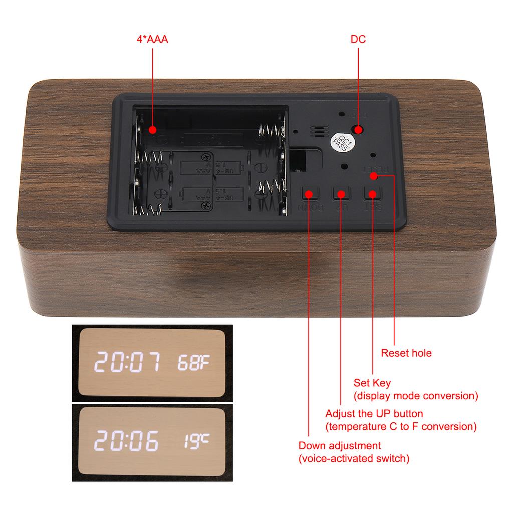 LED Holz Wecker Sprachsteuerung Zeit Datum Temperatur Digital Bambus Rechteck Tisch Schreibtischuhr Alarm