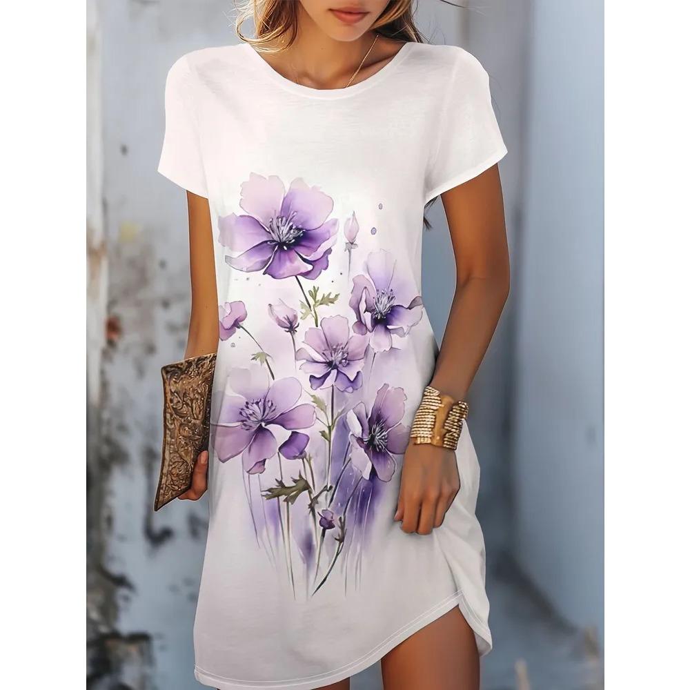 Blumen Retro Muster Damen Minikleider Sommer Kurzarm Bedruckt Große Größen Lässig Bequem Weiches Kleid