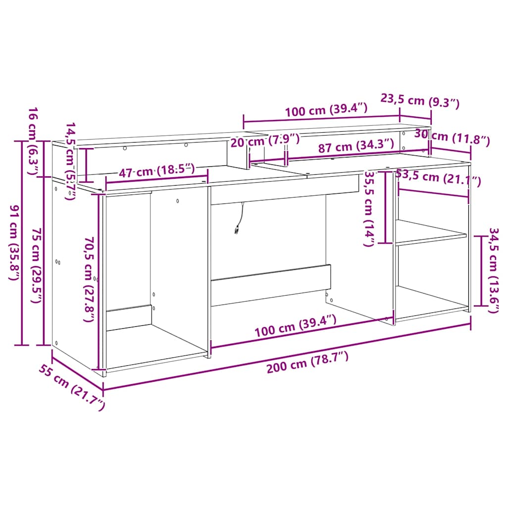 Desk Black Oak 200 x 55 x 91 cm Particleboard
