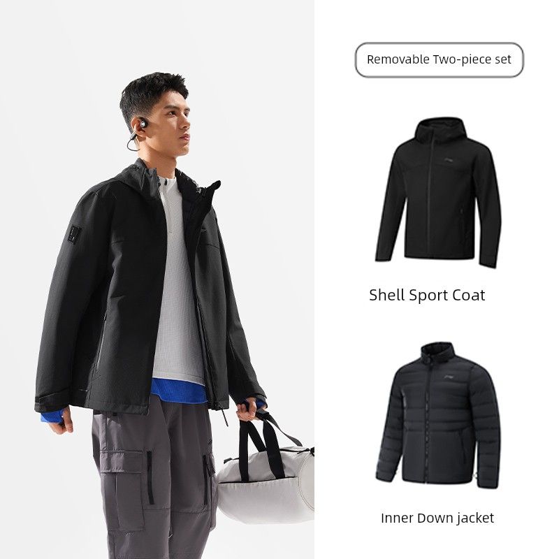 

Li Ning Three-in-One Sports Trench Coat Men Fitness Series Outwear Hooded Wind Coat Loose Spring Sportswear [Black] three-in-one sports windbreaker S