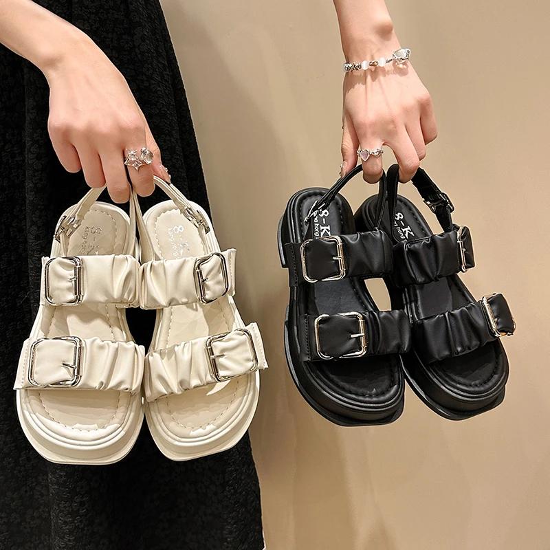 5cm Women Punk Sandals Summer Platform Wedges High Heel Sandals Female Open-toe Chunky Sneakers Beach Buckle Slippers Woman New