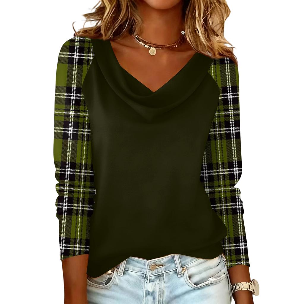 Ladies' Plaid Printed Casual and Fashionable Long Sleeved Pullover Top