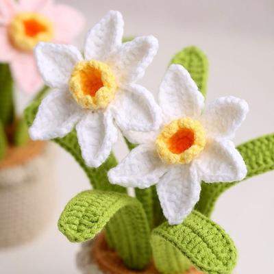Flori croșetate manual Flori de Narcisă Flori artificiale la ghiveci Fire de Fulg de Nea Floare tricotată realistă Decorațiune pentru birou
