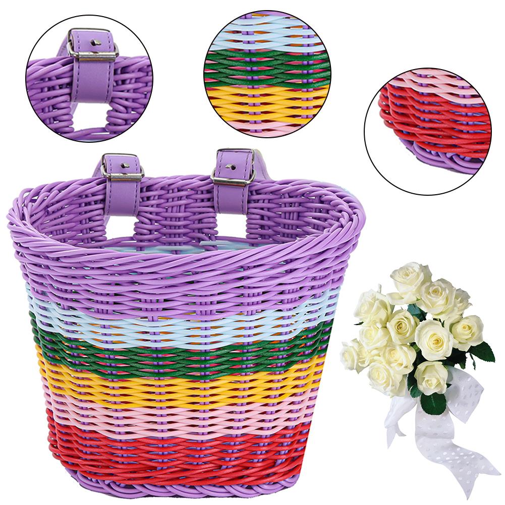 4pcs/Set PE Rattan Wicker Bicycle Front Storage Basket+Bell+Tassel +Sticker Kid Adult Adjustable Handwoven Bike Handlebar Basket