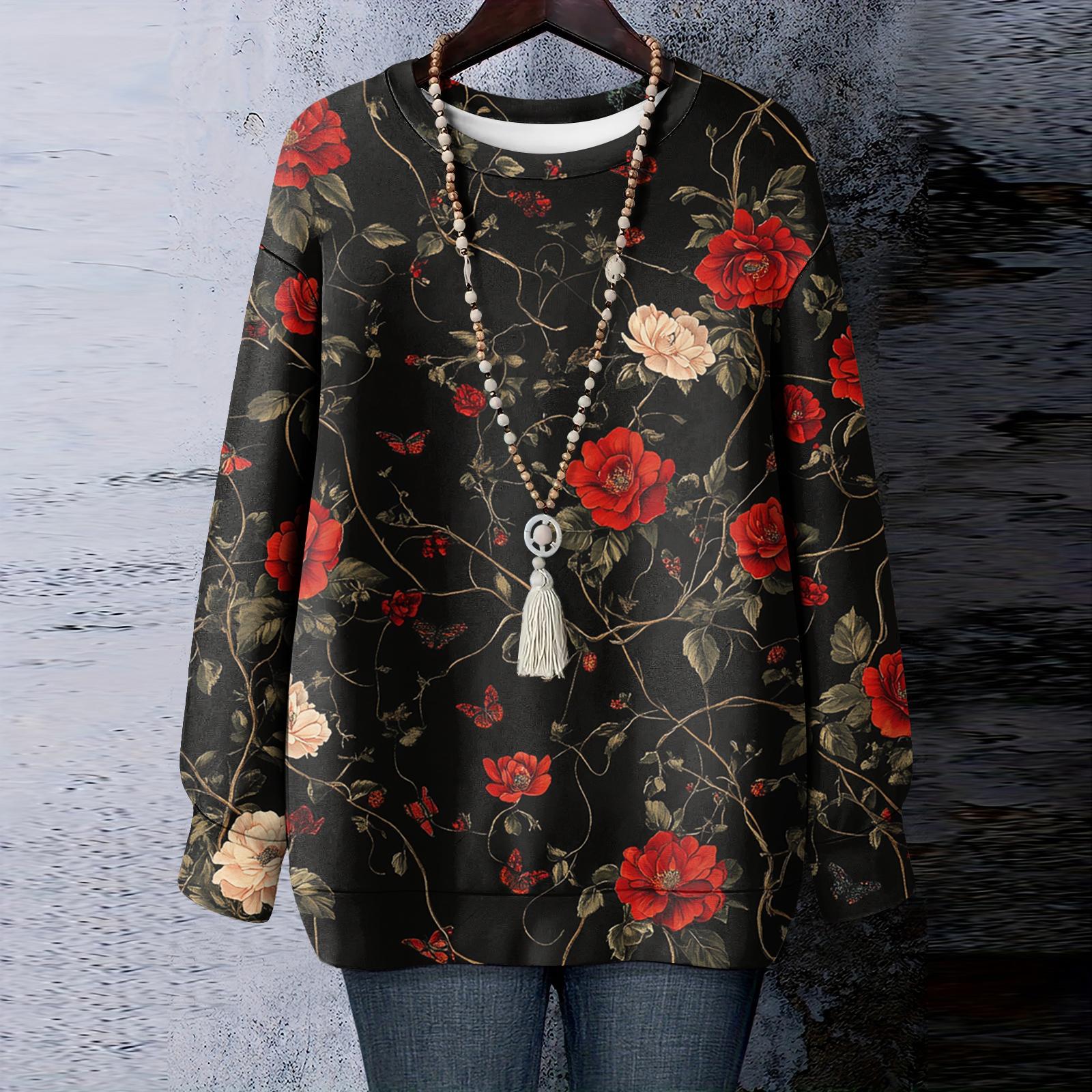 

Женская футболка с цветочным принтом, круглым вырезом и длинными рукавами, свитшот L чёрный