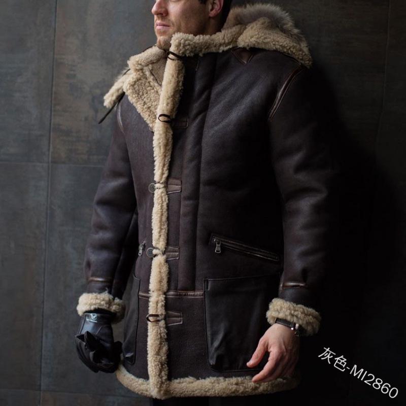 

European & American Cross-Border Men s Faux Suede Fur Hooded Overcoat S темно-серого