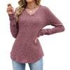 Solid Color V Neck Lace Patchwork Loose Long Sleeve Brushed T Shirt