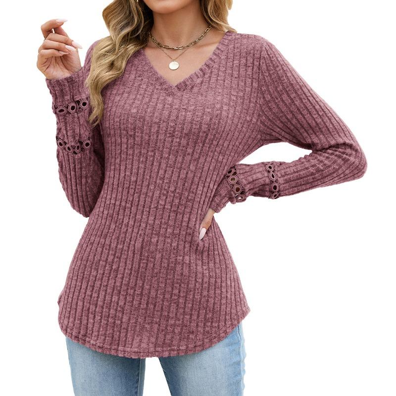 Solid Color V Neck Lace Patchwork Loose Long Sleeve Brushed T Shirt