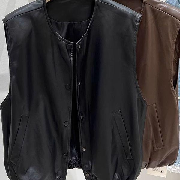 Women's Korean Style PU Leather Sleeveless Vest with Shoulder Pads - Autumn 2025 Fashion