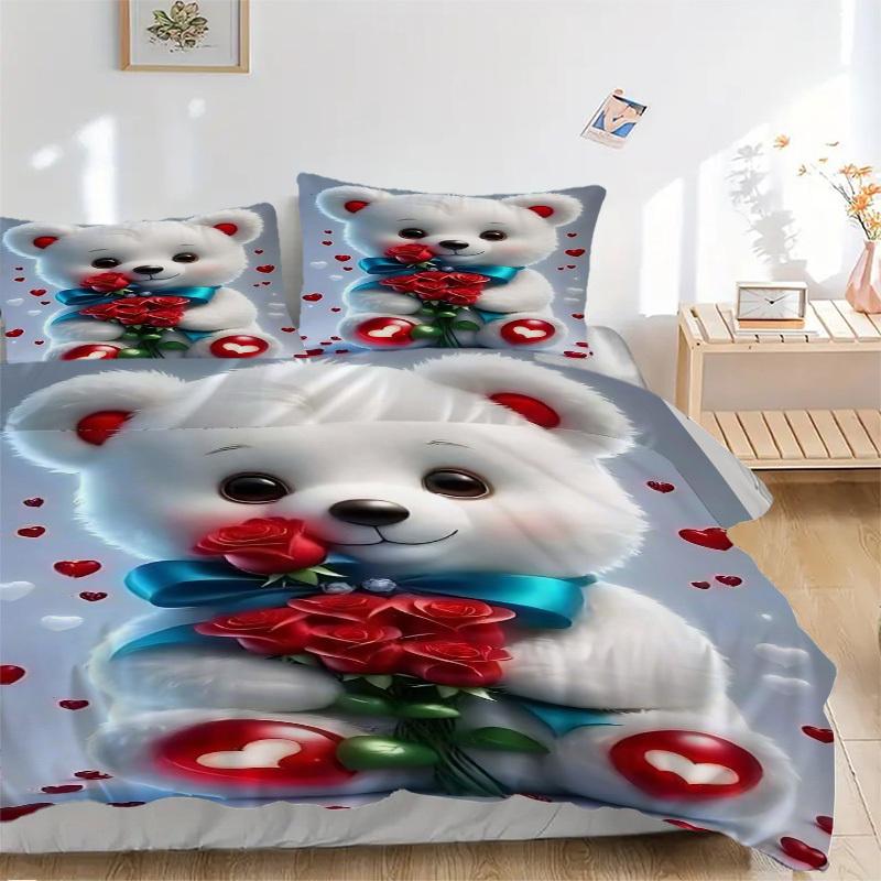 3pcs Anime Cartoon Teddy Bear Bedding Set - Includes One Quilt Cover and Two Pillowcases (No Core) - Perfect for Bedroom and Guest Room Deco
