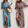 Cotton Positioning Printed Seven-Sleeve Girdle Bohemian Women's Dress Vacation Breasted Beach Dress