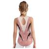 Girls Metallic Gymnastics Leotard Sleeveless Keyhole Back Sheer Mesh Patchwork Sparkling Rhinestone Bodysuit