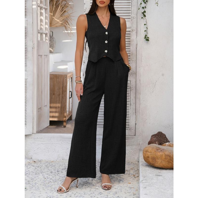 Casual Vacation Solid Color Vest Wide-leg Trousers Set