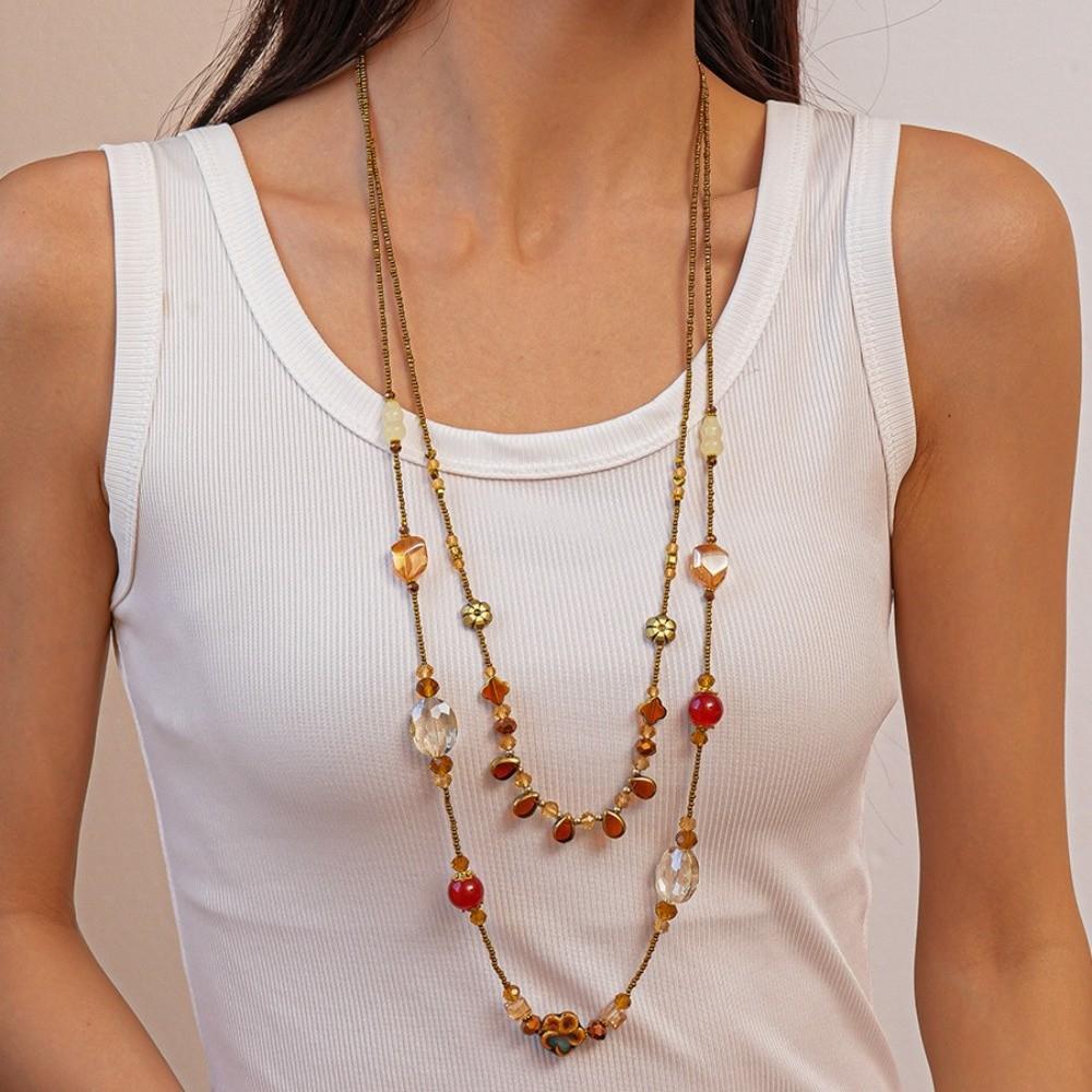 High-end Flower Glass Beaded Necklaces Temperament Sweater Chain For Women