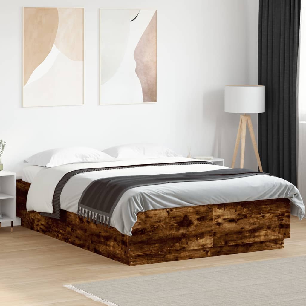 LED Bed Frame In Smoked Oak 150 X 200 Cm Engineered Wood