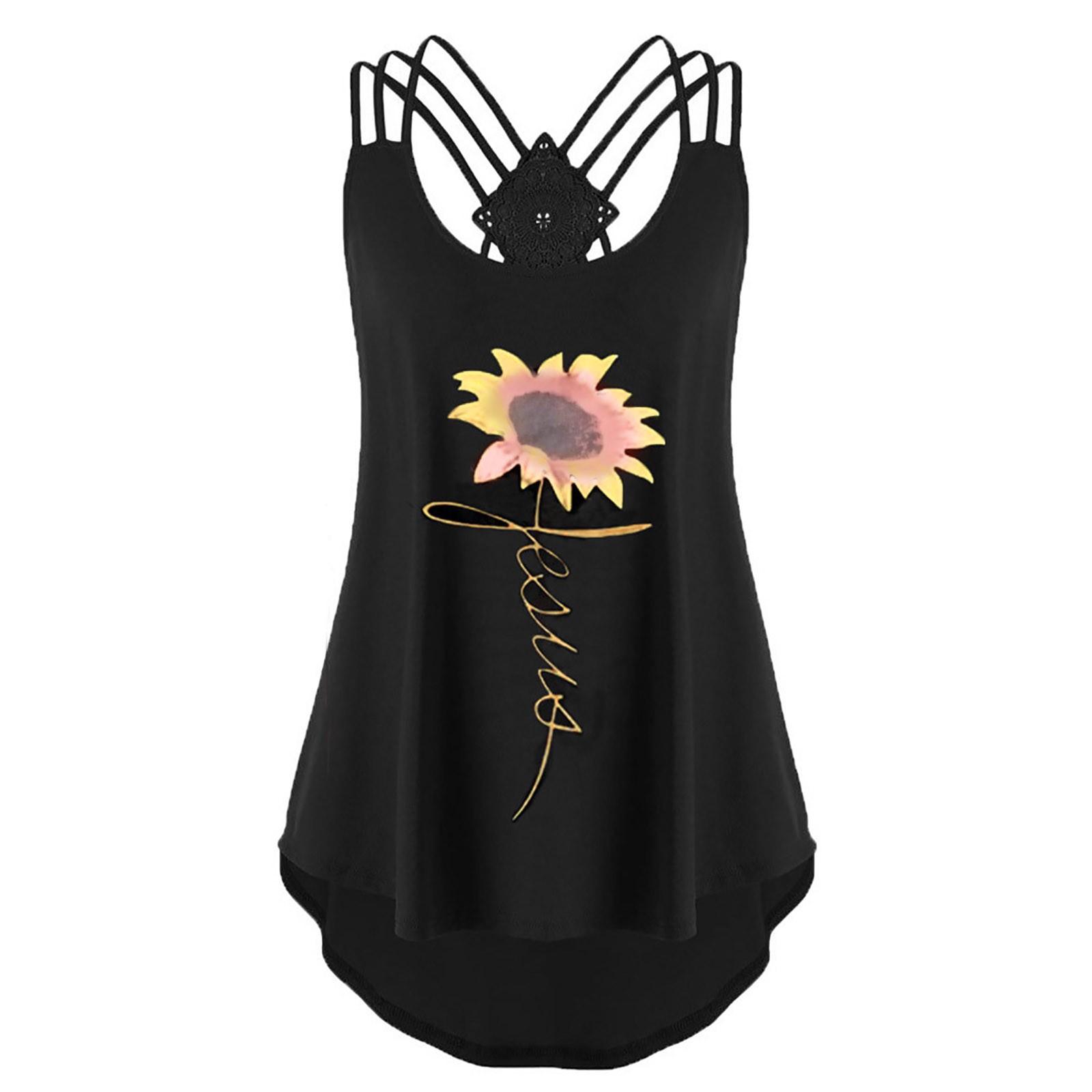 

Women Bandages Sleeveless Flower Printed Vest Top Casual Strappy Tank Tops L чёрный